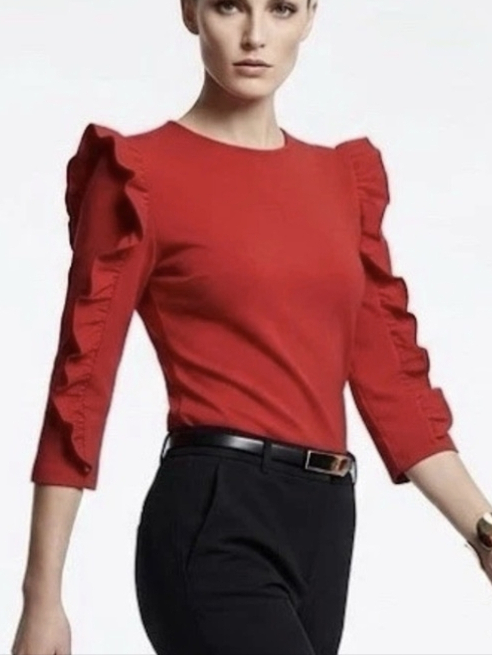 ZARA TRAFALUC | SMALL | RED TOP W/ RUFFLES 3/4 SLEEVE